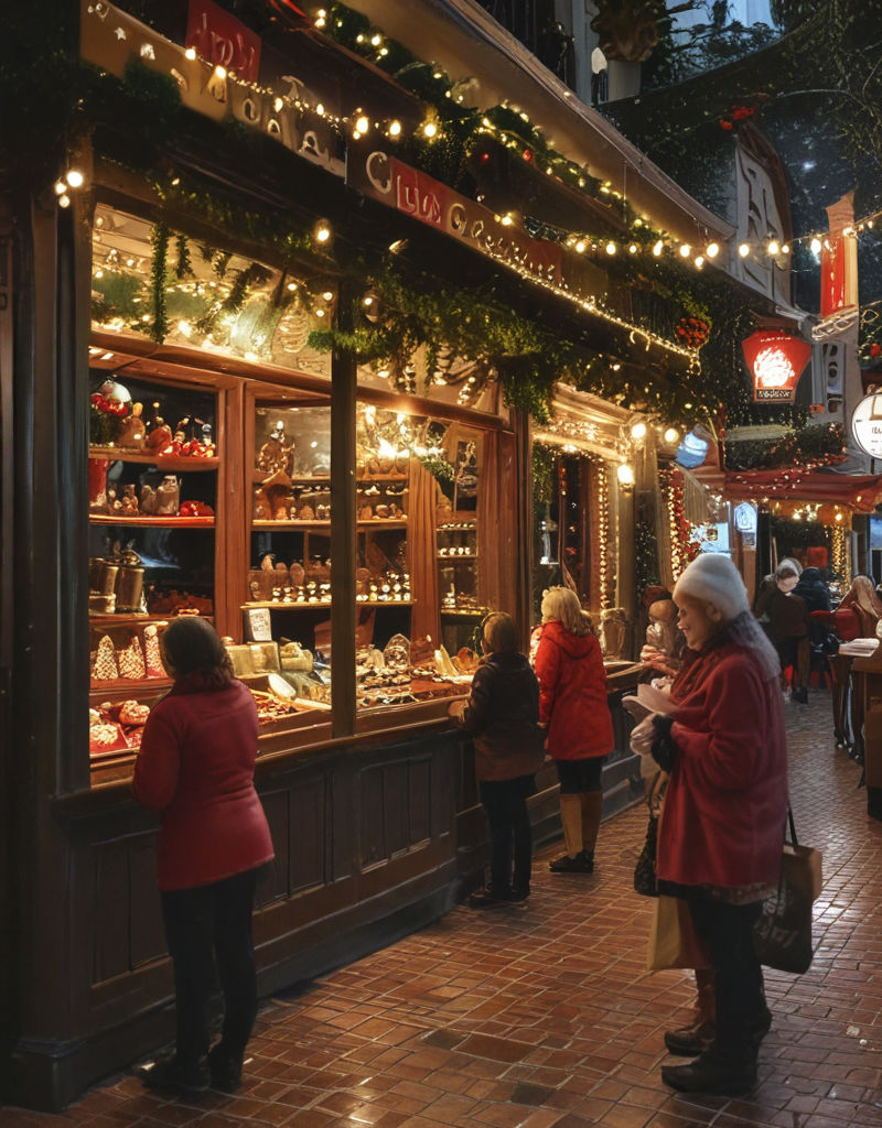 Customers indulge in sweet surprises while waiting for Santa Clara towing under twinkling lights.
