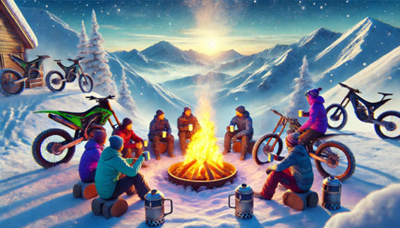 A group of snow bikers enjoying hot chocolate around a firepit, surrounded by snowy mountains.