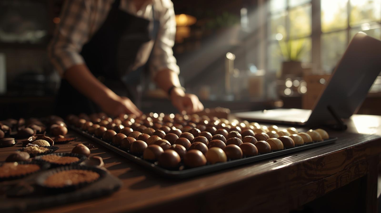 Artisan chocolatier arranging gourmet truffles with blurred laptop glowing softly behind.